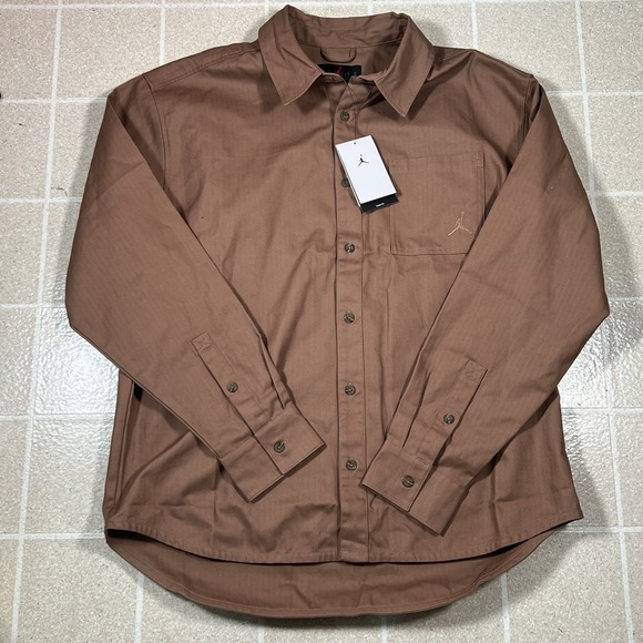 MENS L - New Jordan Essentials Twill 1-Pocket Button Down Shirt FV7446-223 Brown - Picture 1 of 4